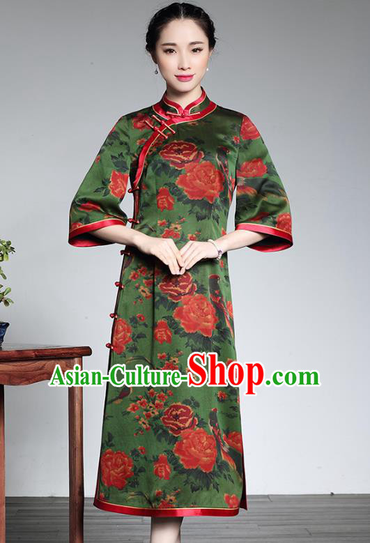 Asian Republic of China Young Lady Retro Plated Buttons Printing Green Silk Cheongsam, Traditional Chinese Wedding Qipao Tang Suit Dress for Women