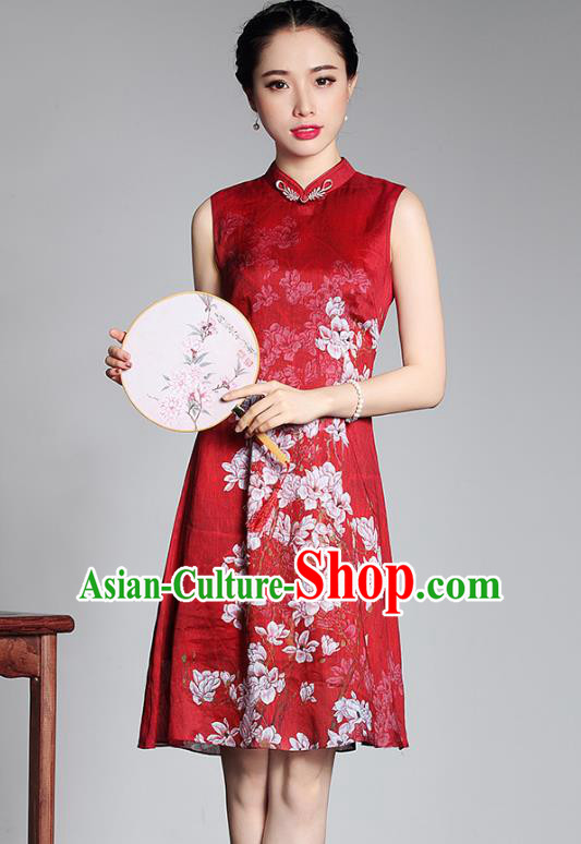 Asian Republic of China Young Lady Retro Plated Buttons Printing Red Silk Cheongsam, Traditional Chinese Wedding Qipao Tang Suit Dress for Women