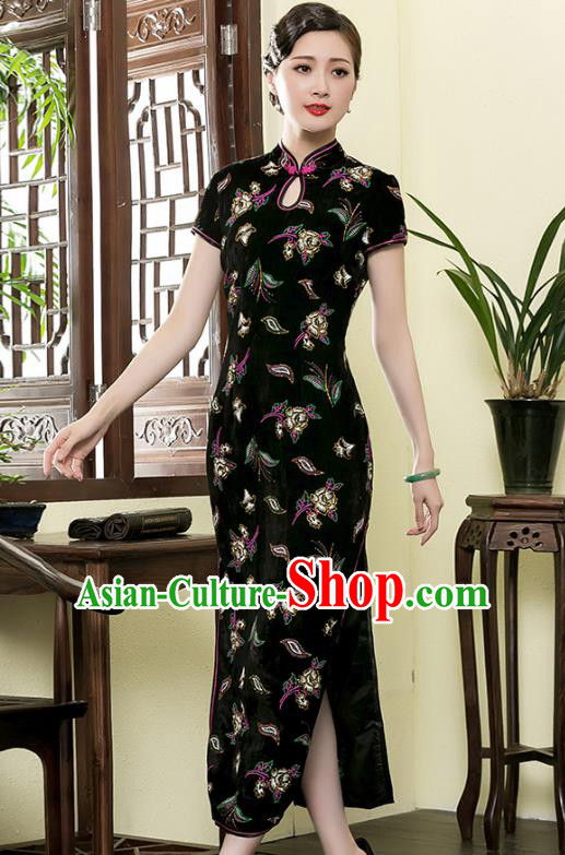 Asian Republic of China Top Grade Plated Buttons Black Velvet Printing Cheongsam, Traditional Chinese Tang Suit Qipao Dress for Women