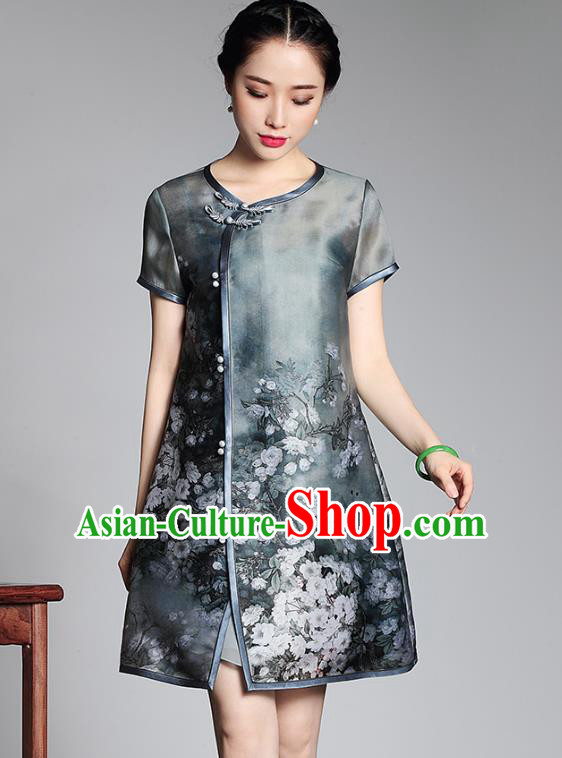 Asian Republic of China Top Grade Plated Buttons Organza Printing Cheongsam, Traditional Chinese Tang Suit Qipao Dress for Women
