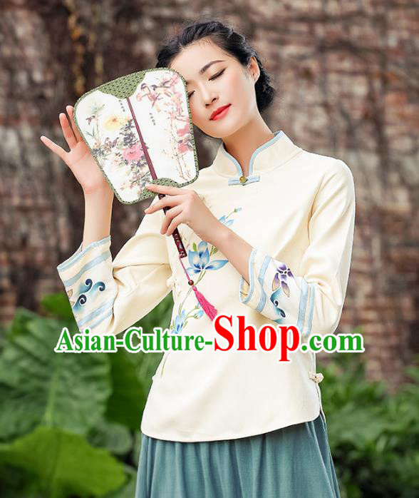 Asian China Embroidered Linen Cheongsam Blouse, Traditional Chinese Tang Suit Hanfu Shirts for Women