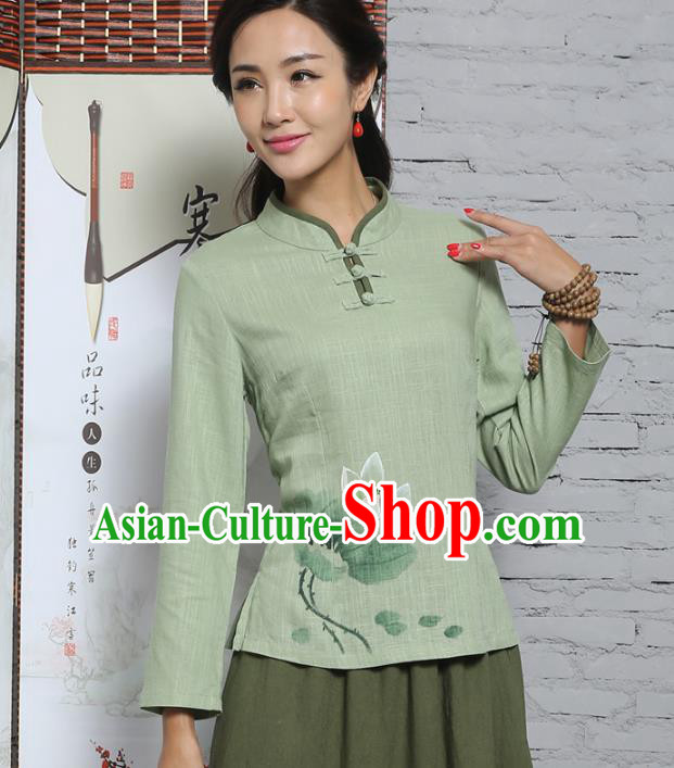 Asian China Top Grade Green Linen Hand Painting Cheongsam Blouse, Traditional Chinese Tang Suit Hanfu Plated Buttons Shirts for Women