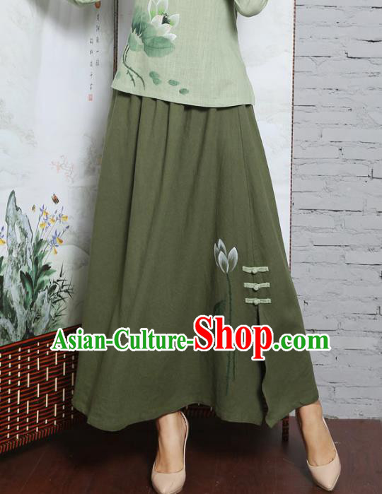 Asian China Hand Painting Linen Bust Skirt, Traditional Chinese Tang Suit Green Skirts for Women