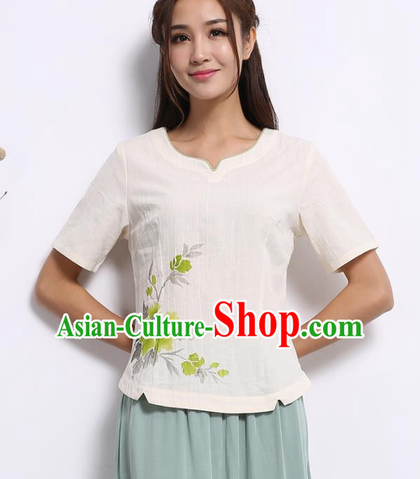 Asian China Hand Painting White Linen Cheongsam Blouse, Traditional Chinese Tang Suit Hanfu Plated Button Shirts for Women