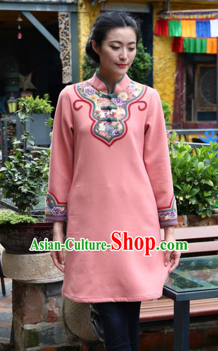 Asian China Hand Painting Pink Linen Cheongsam Blouse, Traditional Chinese Tang Suit Hanfu Plated Button Qipao Shirts for Women