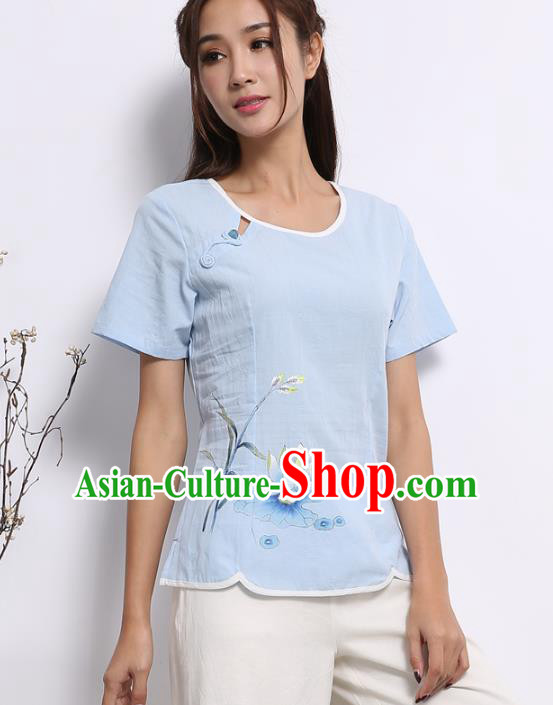 Asian China Top Grade Blue Linen Hand Painting Cheongsam Blouse, Traditional Chinese Tang Suit Hanfu Plated Button Qipao Shirts for Women