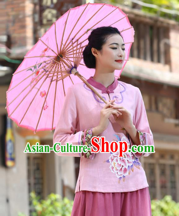 Asian China Top Grade Pink Linen Hand Painting Peony Cheongsam Blouse, Traditional Chinese Tang Suit Hanfu Plated Button Qipao Shirts for Women