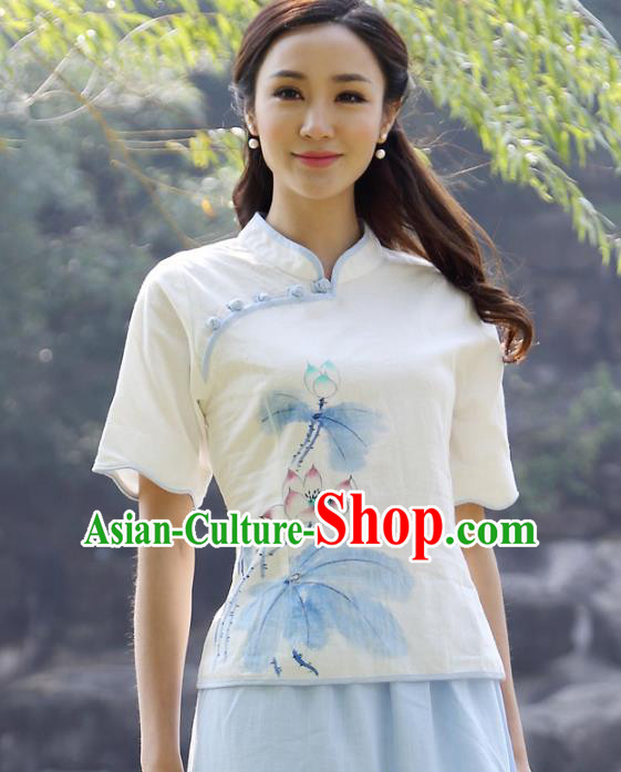 Asian China Top Grade Linen Hand Painting White Cheongsam Blouse, Traditional Chinese Tang Suit Hanfu Plated Button Qipao Shirts for Women