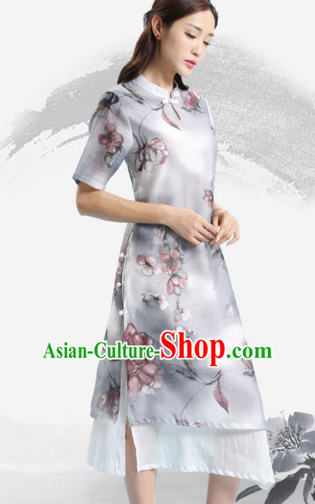 Asian China Top Grade Silk Printing Cheongsam Dress, Traditional Chinese Tang Suit Hanfu Plated Button Qipao for Women