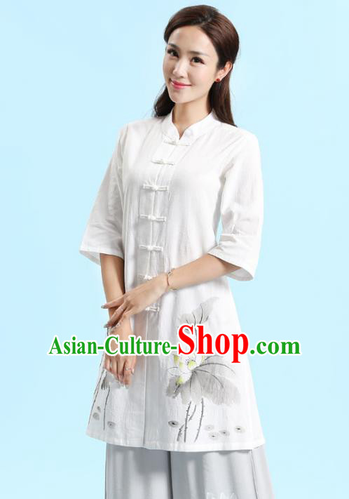 Asian China Top Grade White Linen Cheongsam Blouse, Traditional Chinese Tang Suit Hanfu Plated Button Qipao Shirts for Women