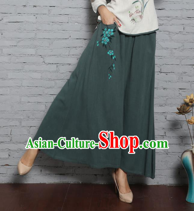 Asian China Hand Painting Green Linen Bust Skirt, Traditional Chinese Tang Suit Hanfu Skirts for Women