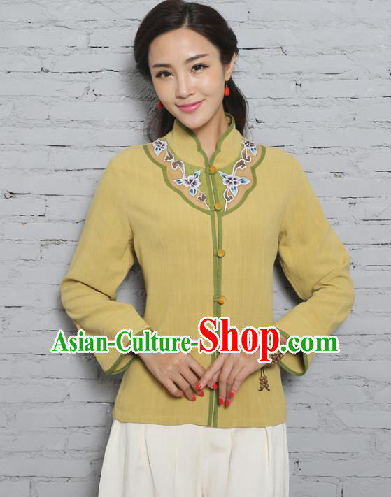 Asian China Top Grade Yellow Linen Cheongsam Hand Painting Blouse, Traditional Chinese Tang Suit Hanfu Plated Button Qipao Shirts for Women