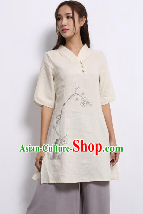 Asian China Top Grade White Linen Printing Cheongsam Blouse, Traditional Chinese Tang Suit Hanfu Plated Button Qipao Shirts for Women