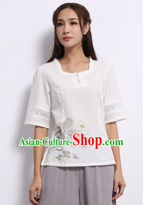 Asian China Top Grade White Linen Hand Ink Painting Lotus Cheongsam Blouse, Traditional Chinese Tang Suit Hanfu Plated Button Qipao Shirts for Women
