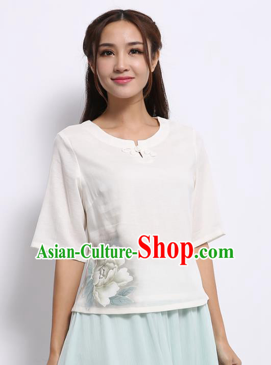 Asian China Top Grade White Linen Hand Ink Painting Peony Cheongsam Blouse, Traditional Chinese Tang Suit Hanfu Plated Button Qipao Shirts for Women