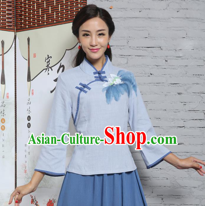 Asian China Top Grade Blue Linen Cheongsam Blouse, Traditional Chinese Tang Suit Hanfu Plated Button Qipao Shirts for Women