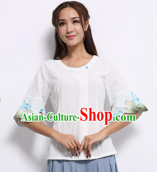 Asian China Top Grade White Linen Hand Painting Lotus Cheongsam Blouse, Traditional Chinese Tang Suit Hanfu Plated Button Qipao Shirts for Women