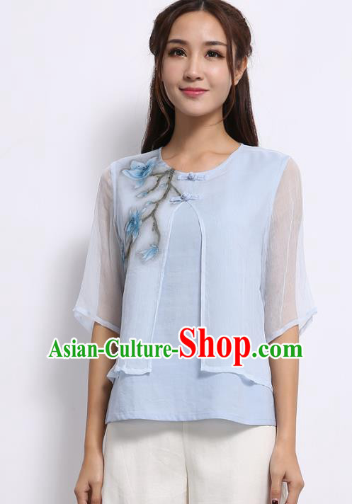 Asian China Top Grade Blue Silk Cheongsam Hand Painting Cheongsam Blouse, Traditional Chinese Tang Suit Hanfu Plated Button Qipao Shirts for Women