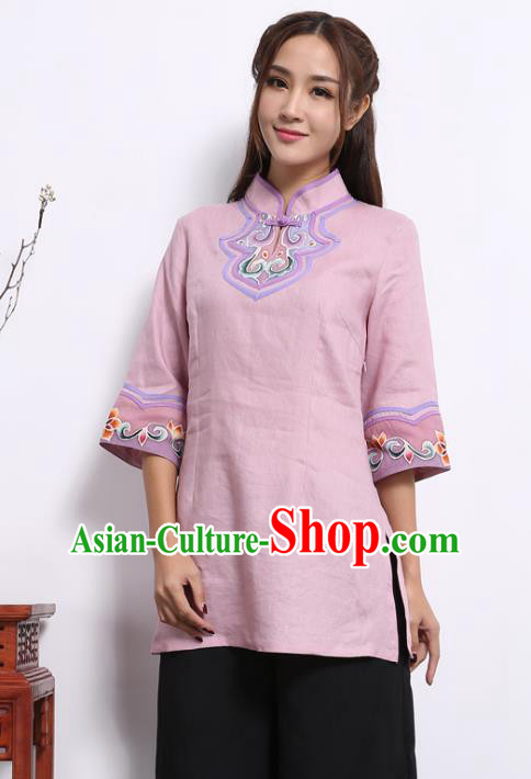 Asian China Top Grade Pink Linen Hand Painting Cheongsam Blouse, Traditional Chinese Tang Suit Hanfu Plated Button Qipao Shirts for Women