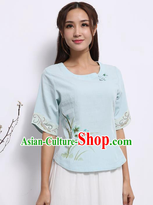 Asian China Top Grade Blue Linen Hand Painting Cheongsam Blouse, Traditional Chinese Tang Suit Hanfu Plated Button Qipao Shirts for Women