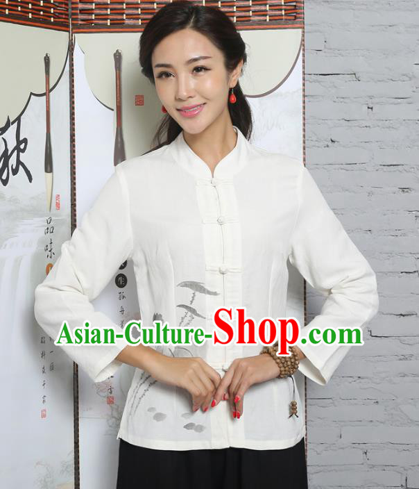 Asian China Top Grade White Linen Cheongsam Blouse, Traditional Chinese Tang Suit Hanfu Plated Button Qipao Shirts for Women