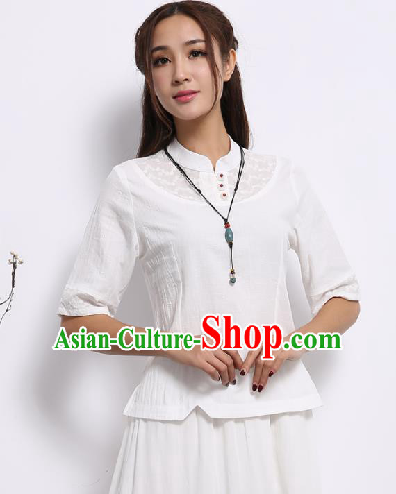 Asian China Top Grade White Lace Linen Cheongsam Blouse, Traditional Chinese Tang Suit Hanfu Plated Button Qipao Shirts for Women