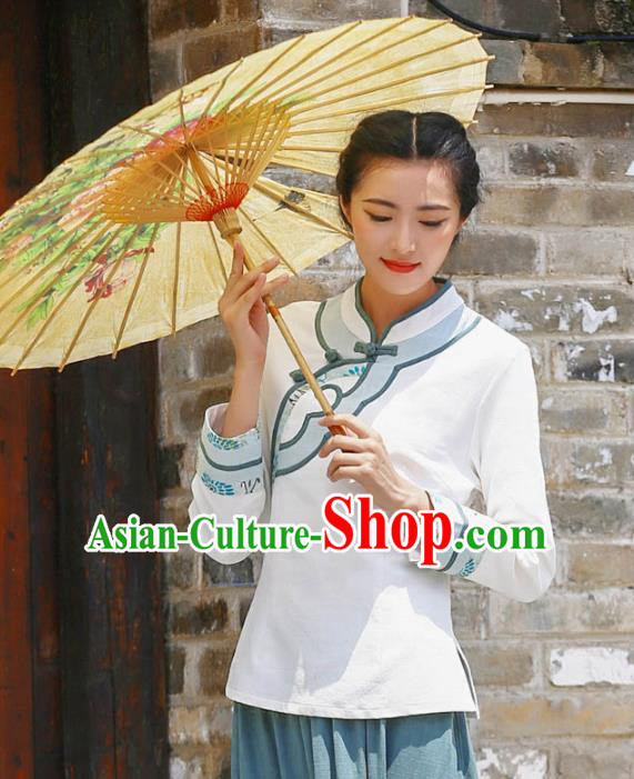 Asian China Top Grade White Linen Slant Opening Cheongsam Blouse, Traditional Chinese Tang Suit Hanfu Plated Button Qipao Shirts for Women
