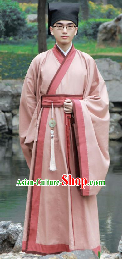 Asian China Han Dynasty Scholar Costume Pink Long Robe, Traditional Chinese Ancient Chancellor Hanfu Clothing for Men