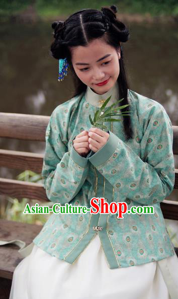 Asian China Ming Dynasty Young Lady Costume Embroidery Green Blouse, Traditional Chinese Ancient Princess Hanfu Clothing for Women