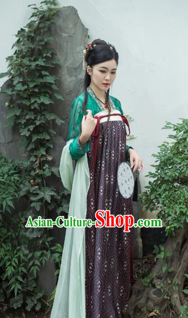 Asian China Tang Dynasty Princess Costume Complete Set, Traditional Chinese Ancient Palace Lady Hanfu Purple Silp Skirt Clothing for Women