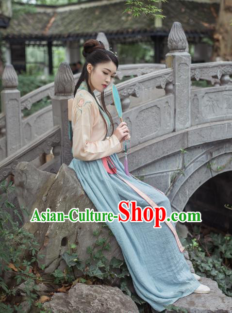 Asian China Tang Dynasty Palace Lady Costume Complete Set, Traditional Chinese Ancient Princess Embroidered Hanfu Slip Dress for Women