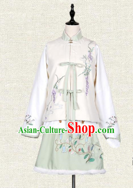 Asian China Ming Dynasty Princess Embroidered Costume, Traditional Ancient Chinese Palace Lady Embroidery Vest Blouse and Skirt Clothing for Women