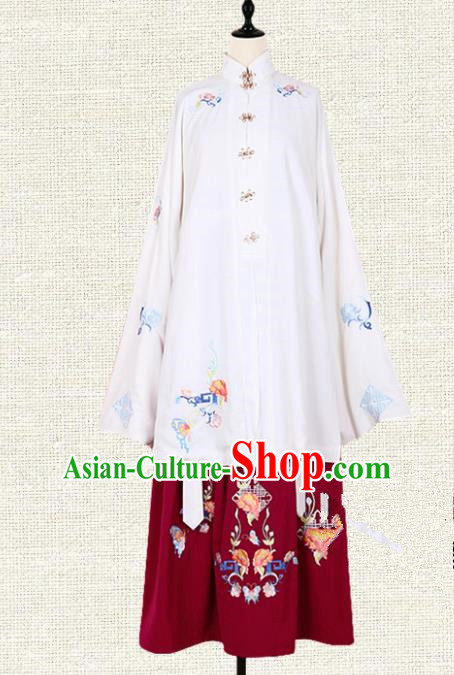 Asian China Ming Dynasty Princess Costume Embroidered Blouse and Red Skirt, Traditional Ancient Chinese Palace Lady Embroidery Clothing for Women