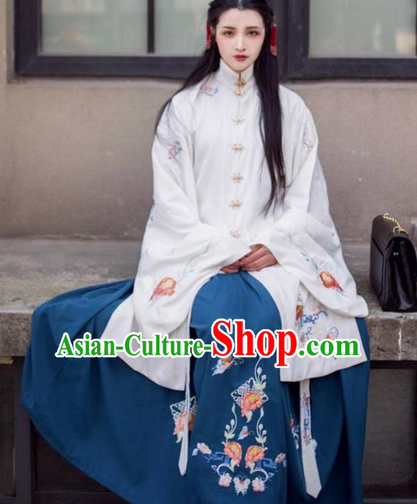 Asian China Ming Dynasty Princess Costume Embroidered Blouse and Blue Skirt, Traditional Ancient Chinese Palace Lady Embroidery Clothing for Women