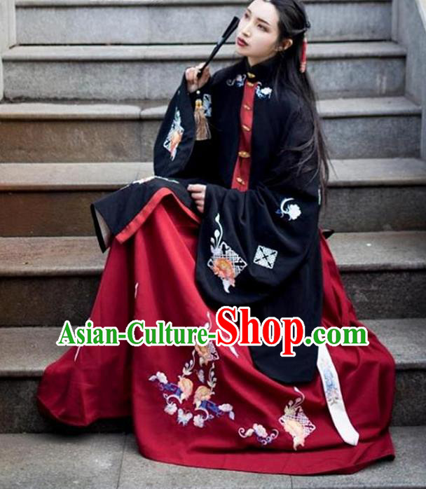 Asian China Ming Dynasty Princess Costume Embroidered Black Blouse and Red Skirt, Traditional Ancient Chinese Palace Lady Embroidery Clothing for Women