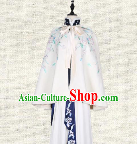 Asian China Ming Dynasty Princess Costume Embroidered White Cape, Traditional Ancient Chinese Palace Lady Embroidery Cloak Clothing for Women