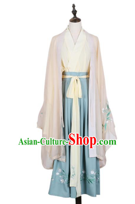 Asian China Jin Dynasty Princess Costume Embroidered Cardigan Complete Set, Traditional Ancient Chinese Palace Lady Embroidery Clothing for Women