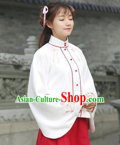 Asian China Ming Dynasty Young Lady Costume White Embroidered Blouse, Traditional Ancient Chinese Princess Elegant Hanfu Shirts Clothing for Women