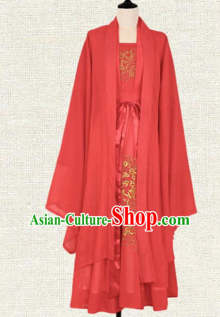 Asian China Tang Dynasty Princess Embroidered Costume Complete Set, Traditional Ancient Chinese Elegant Hanfu Wedding Red Clothing for Women