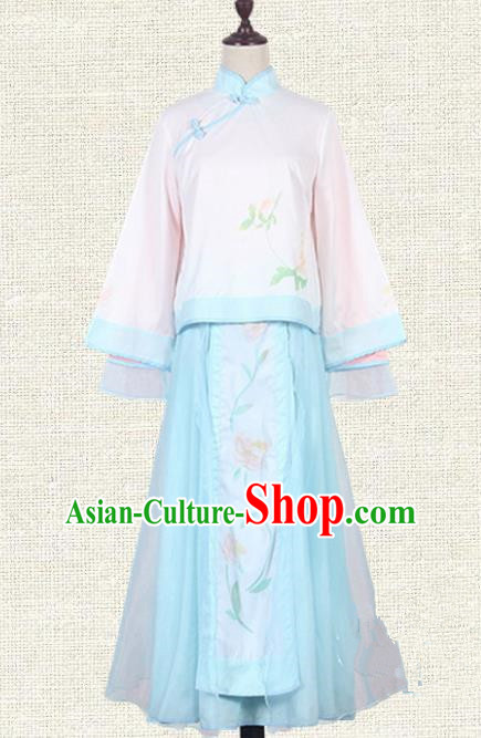 Asian China Qing Dynasty Princess Costume Embroidered Blouse and Skirts, Traditional Ancient Chinese Manchu Lady Elegant Hanfu Clothing for Women