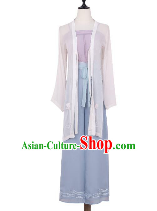 Asian China Song Dynasty Young Lady Embroidered Costume Blouse and Pants, Traditional Ancient Chinese Princess Elegant Hanfu Clothing for Women