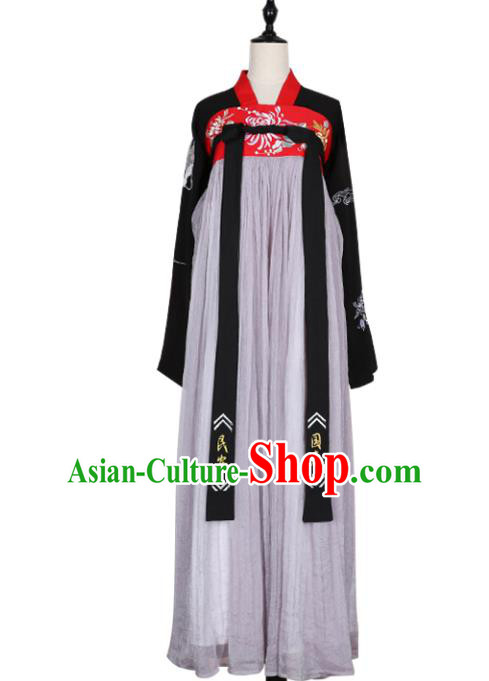 Asian China Tang Dynasty Young Lady Embroidered Costume, Traditional Ancient Chinese Imperial Concubine Elegant Hanfu Grey Slip Skirt Clothing for Women