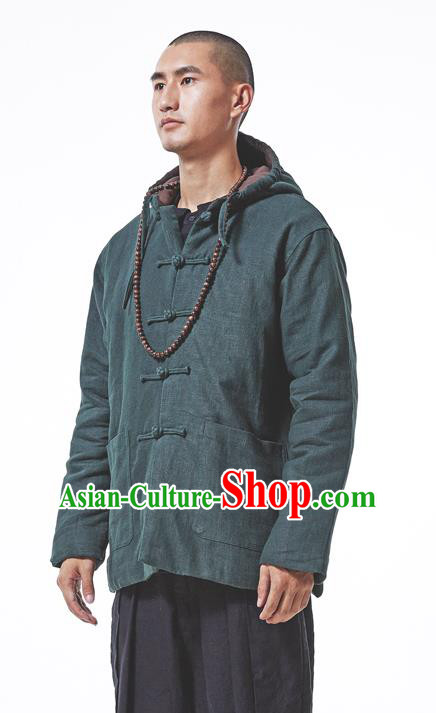 Asian China National Costume Green Cotton-padded Jacket, Traditional Chinese Tang Suit Plated Buttons Coat Clothing for Men