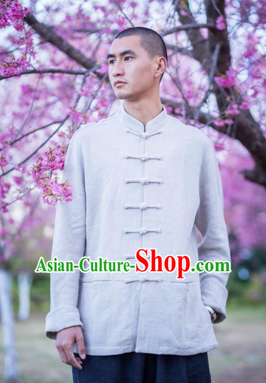 Asian China National Costume Grey Linen Shirts, Traditional Chinese Tang Suit Plated Buttons Upper Outer Garment Clothing for Men