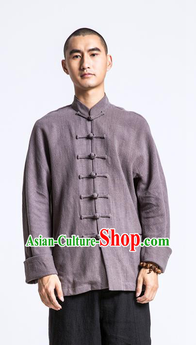 Asian China National Costume Deep Grey Linen Shirts, Traditional Chinese Tang Suit Plated Buttons Upper Outer Garment Clothing for Men