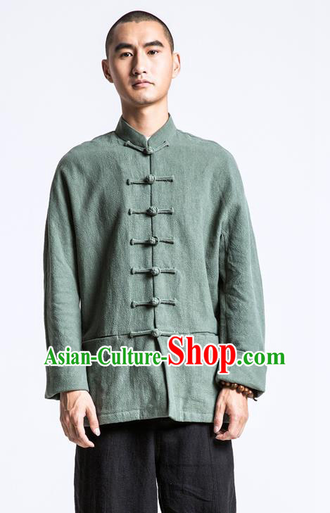 Asian China National Costume Green Linen Shirts, Traditional Chinese Tang Suit Plated Buttons Upper Outer Garment Clothing for Men