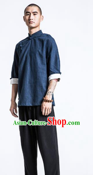 Asian China National Costume Slant Opening Navy Linen Shirts, Traditional Chinese Tang Suit Plated Buttons Upper Outer Garment Clothing for Men