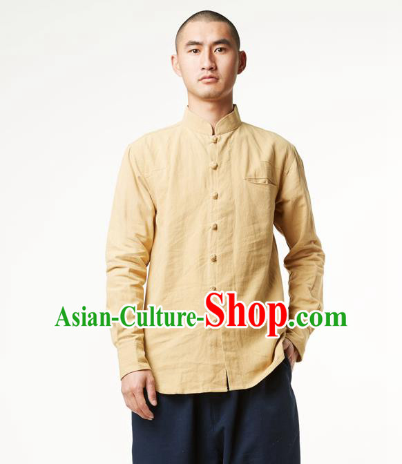Asian China National Costume Stand Collar Yellow Linen Shirts, Traditional Chinese Tang Suit Plated Buttons Upper Outer Garment Clothing for Men