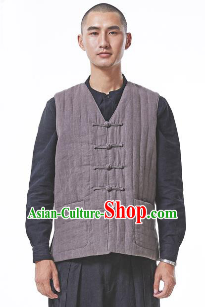 Asian China National Costume Grey Cotton-padded Linen Vest, Traditional Chinese Tang Suit Plated Buttons Waistcoat Clothing for Men