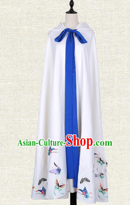 Asian China Tang Dynasty Princess Clothing Embroidered Butterfly White Cape, Traditional Ancient Chinese Palace Lady Hanfu Mantle for Women